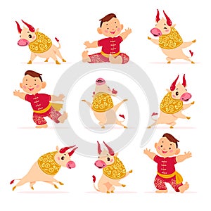 Chinese new year mascot â€“Â collection of traditional art oriental bull animal & chinese boy character